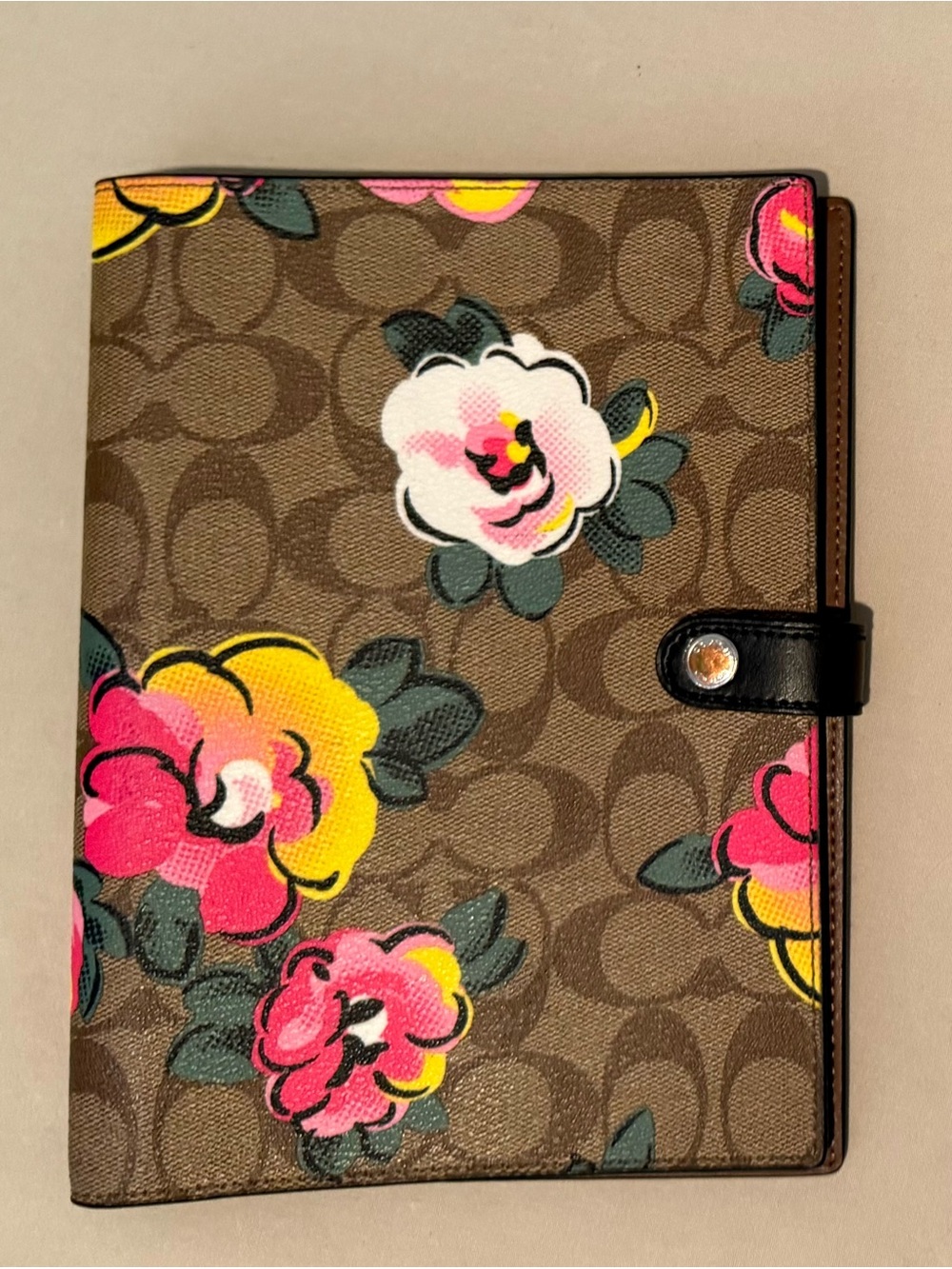 Coach Floral Signature mini Tablet/Notebook Folio in Brown, Pink and Yellow